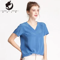 flame of dream 100 silk top womens v neck short sleeve 2022 summer new mulberry silk simple loose thin t shirt 22843