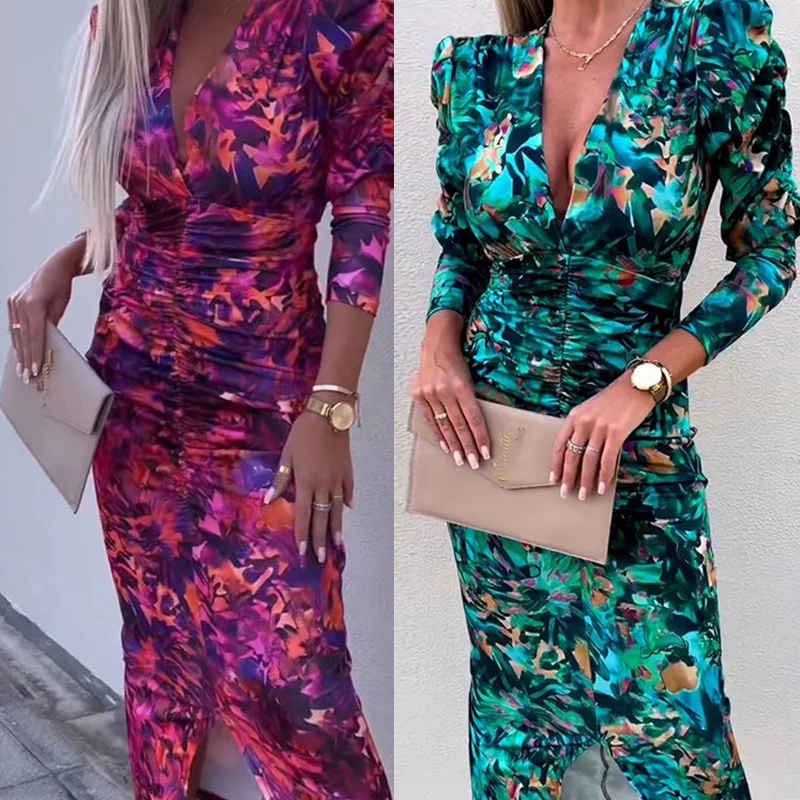 

Sexy Women's Dress Spring Long Sleeve Long Dress 2023 Fashion Print Deep V Neck Bag Hip High Elastic Pleated Long Slit Dress