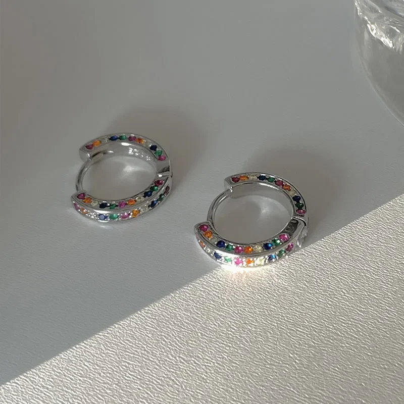Настоящее серебро S925 красочные циркониевые круглые серьги Huggies для женщин