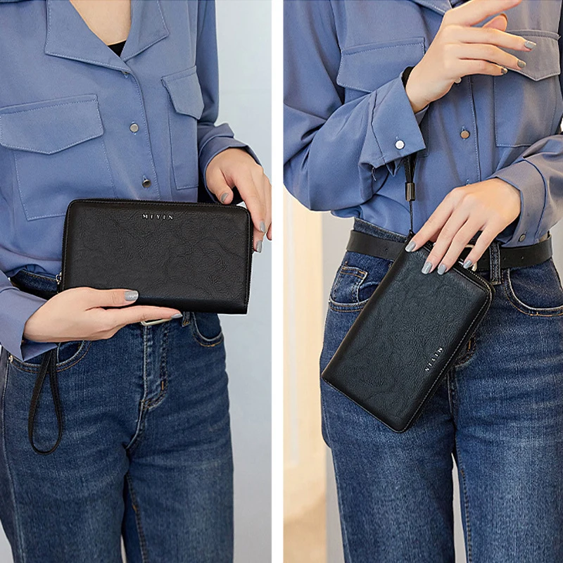 Aliwood Large Capacity Leather Women's Wallet RFID Zipper Long Female Purse Clutch Money Clip Document Bag Card Holder Carteras