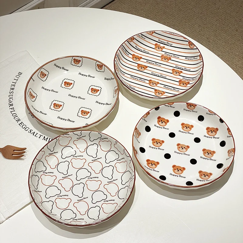 

Детская посуда в корейском ретро-стиле с медведем 7,5 дюйма, набор коричневых тарелок, керамическая глубокая тарелка с милым мультяшным рису...