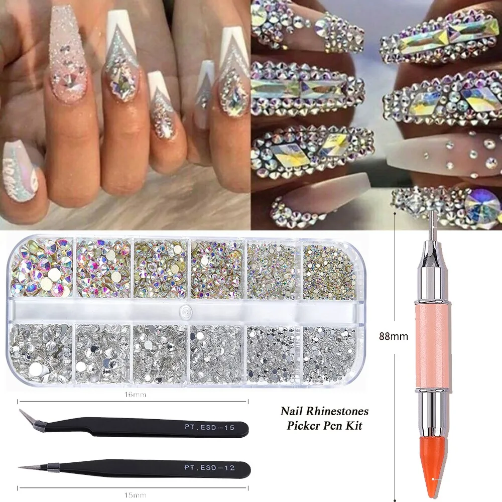 

1 комплект, 3D Ручка-подборщик с плоской задней Стразы, набор для ногтей, Блестящие кристаллы, блестящий Бисер для ногтей, камень + ручка-карандаш + Пинцет для маникюра