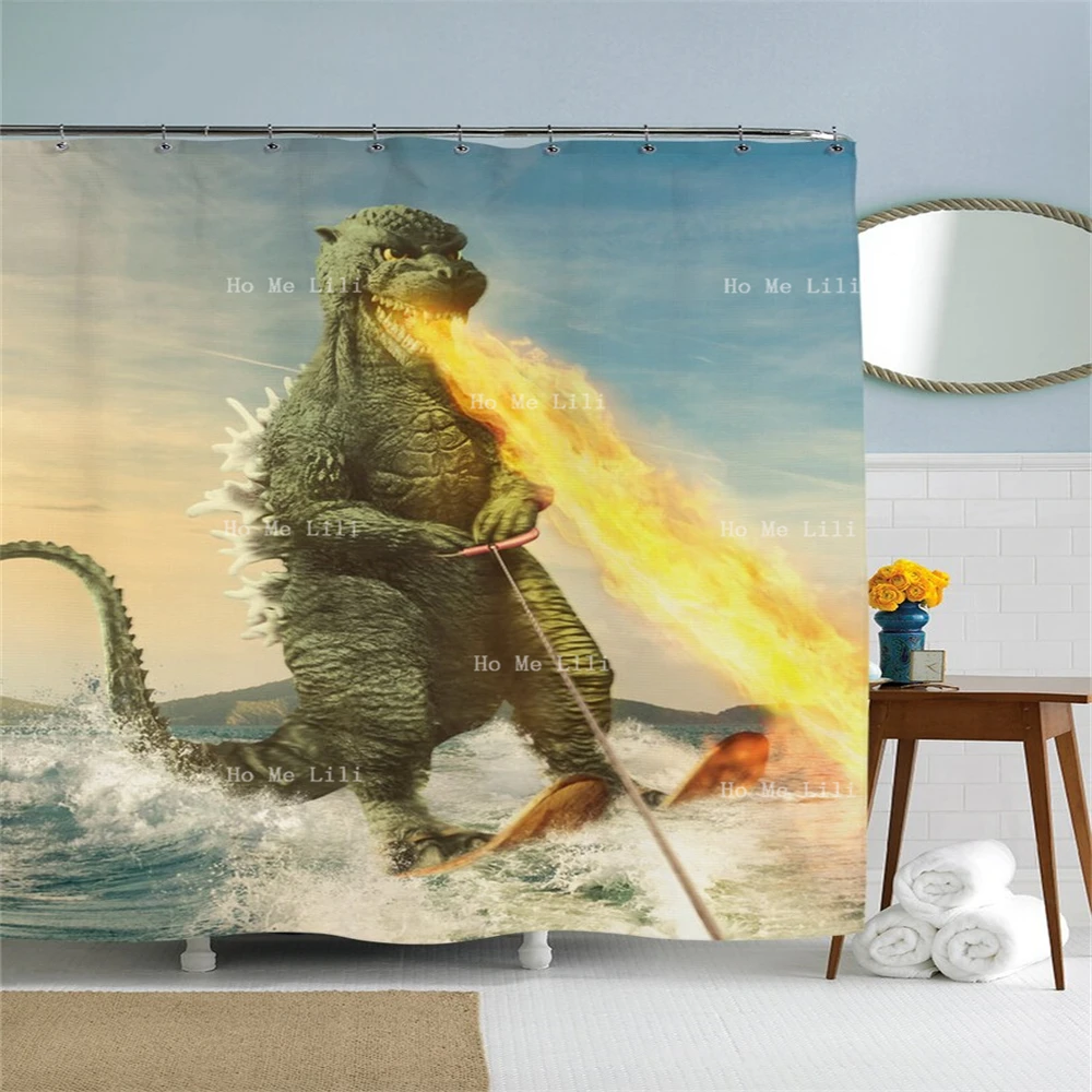 

Fun Water Skiing Reptile Art, Japanese Fire Breathing Lizard Illustration Shower Curtain