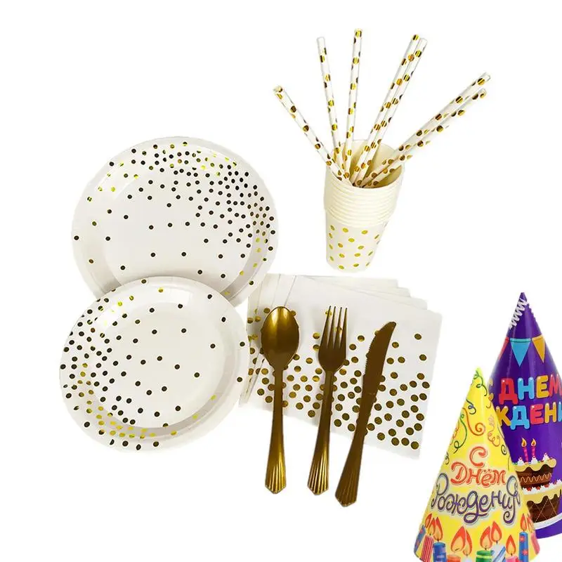 

Reception Plate Set Dinnerware Tableware Party Set Portable Dinnerware Set With Gold Foil Polka Dot Pattern For Party Birthday