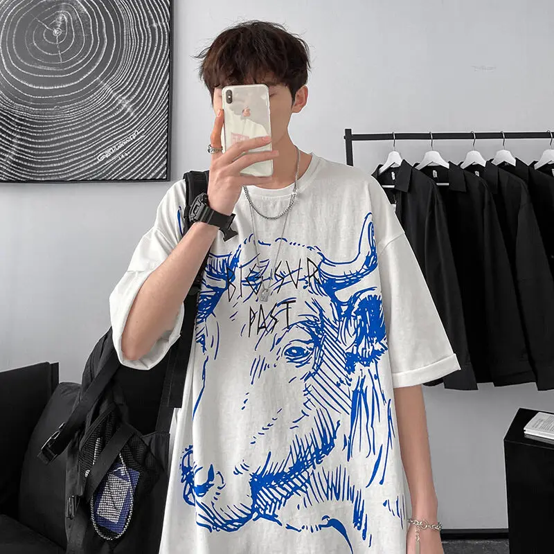 

2022 Летняя Повседневная Свободная тонкая хлопковая рубашка для подростков с принтом головы коровы синяя рубашка с воротником