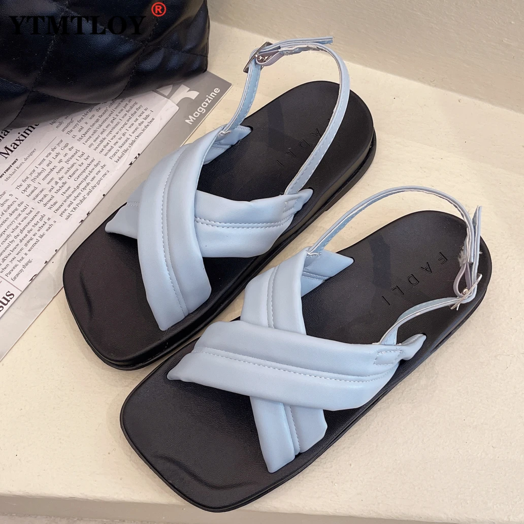 

Real Leather Sandals for Women Platform Buckle Strap Solid Color Casual Outdoor Summer Ladies Footwear Size 35-43 Blue