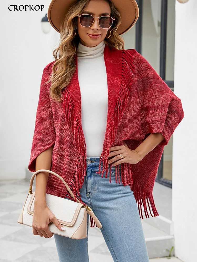 

Autumn Winter Elegant Poncho For Women Casual Fringed Knitted Long Cardigan Fashion Striped Batwing Sleeve Jacket 2023 New