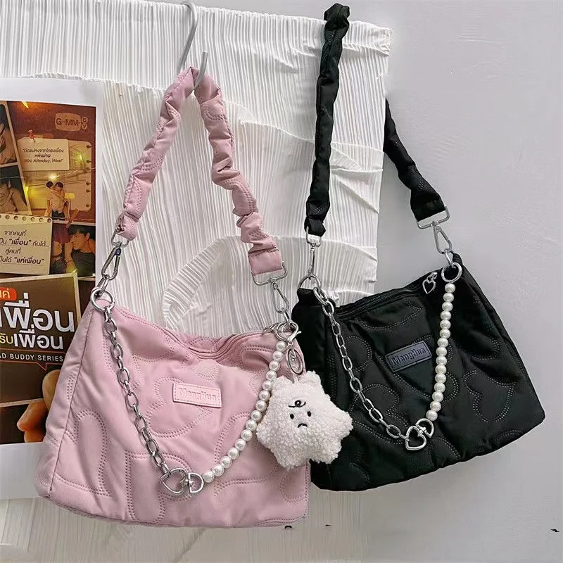 

Purse Bag,Shoulder Handbags for Women Fashion Tweed Pearl Top Handle Satchel Shoulder Tote Bead Chain Zipper Bag INS Clutch Bag