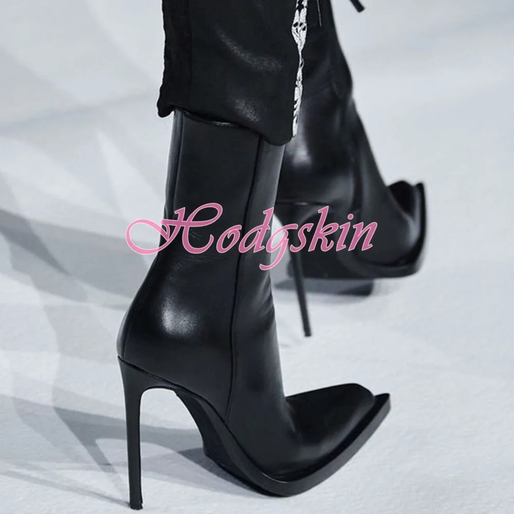 Stiletto Heels Ankle Boots Solid Black Super Pointed Toe Women Sexy Shoes Side Zipper Leather Apring Autumn Party Dress Designer