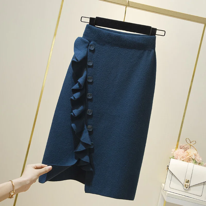 

Ruffles Knitted Skirt For Women Side Buttons Package Hip Skirt Female Winter And Autumn Warm Skirts