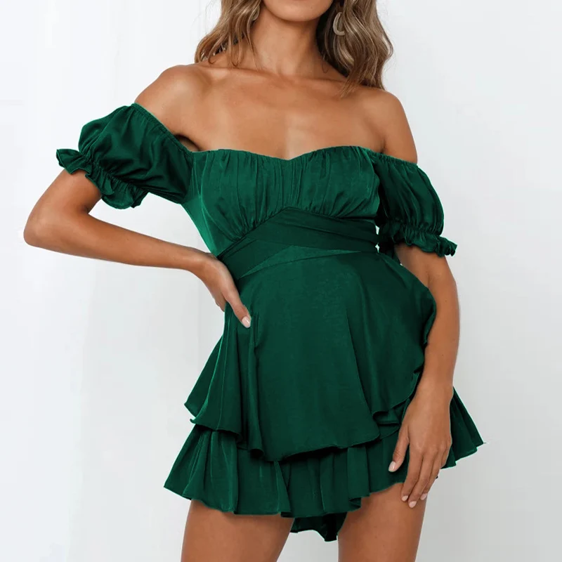 

2022 Summer Fashion Off Shoulder Lantern Sleeve Women's Jumpsuits Sexy Ruffle Printing Lace-up Female Rompers Sweet Lady Clothes