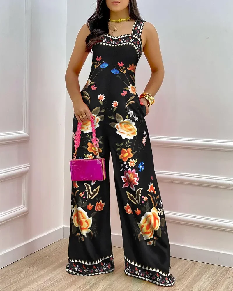 2022 Summer Women's Jumpsuit, Vintage Floral Tribal Print Sweetheart Neck Thick Shoulder Wide Legs Casual Pocket Design Long Jum