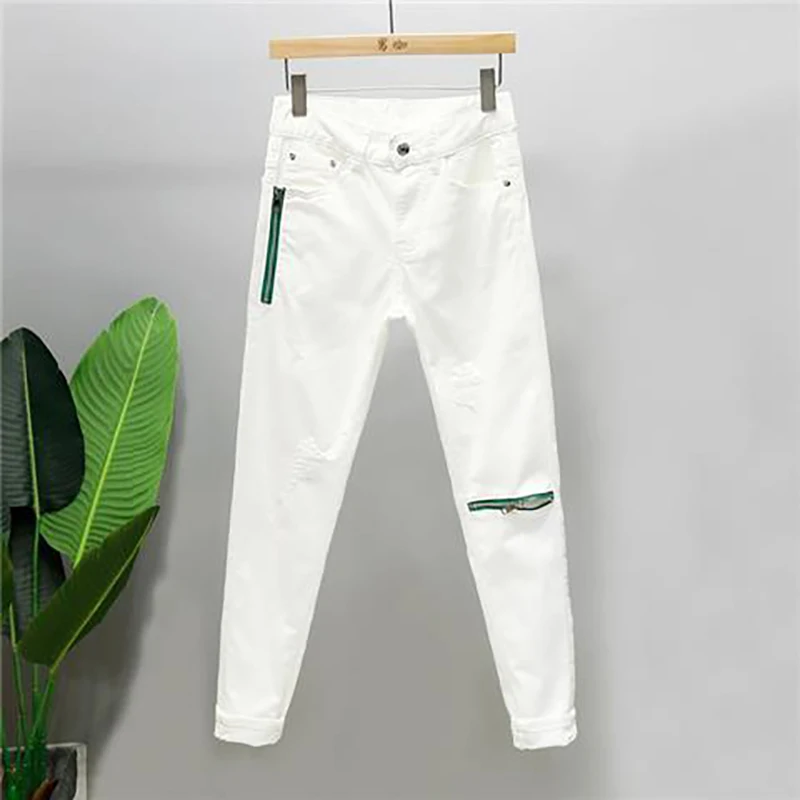 2023 Summer Men's White Jeans Zipper Decorative Ripped Tide Brand Casual Slimming Pants