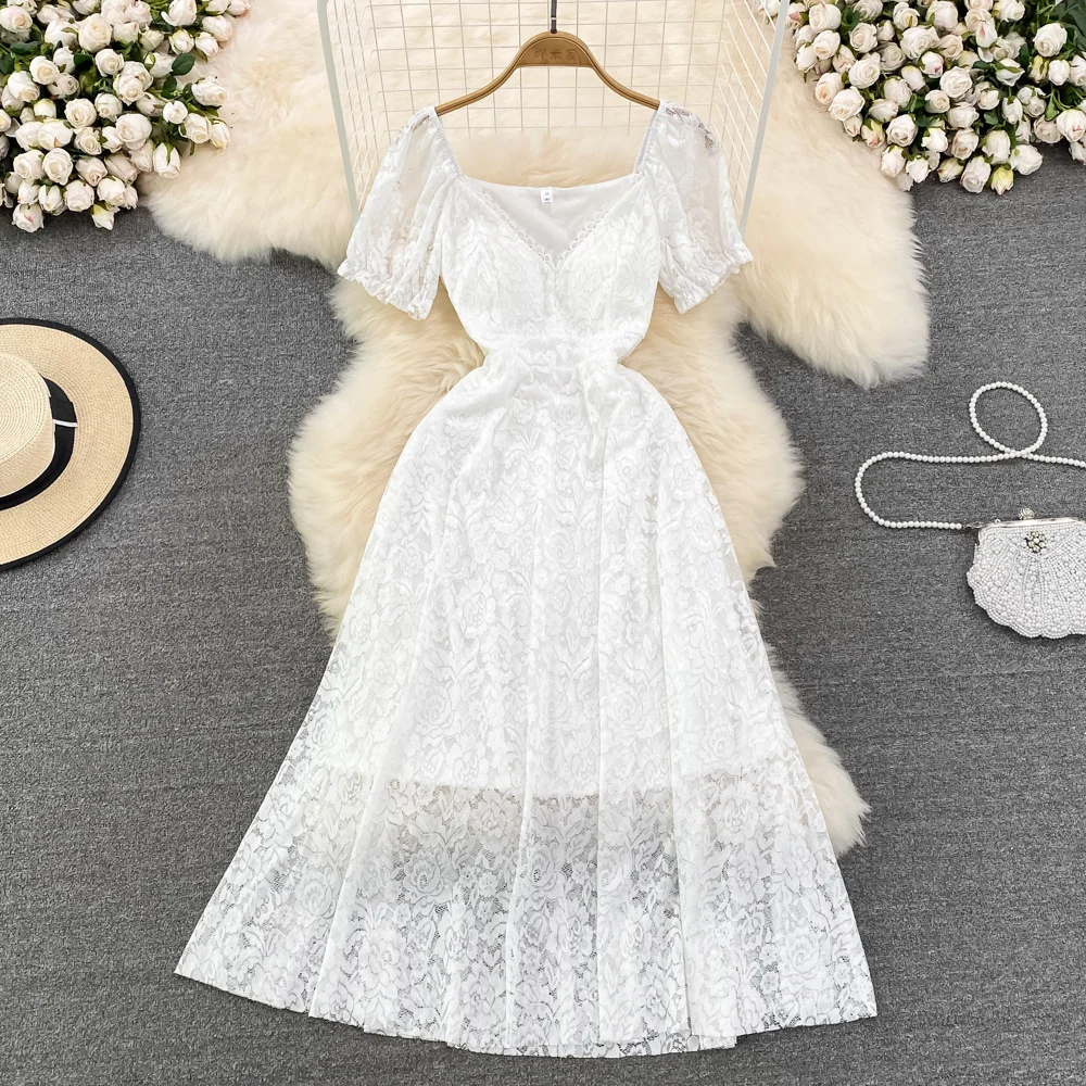 

Ladies White Vintage Party Dress Summer Super Fairy V-neck Short Sleeve White Dress Women Waist Slim Long White Lace Dresses