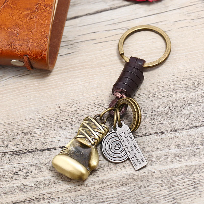 

Man Keychain Bronze Alloy Leather Key Chains for Boy Boxing Glove Keyring Gift