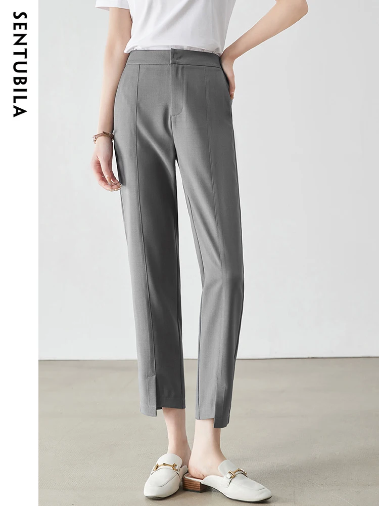 Sentubila Women's Grey Pencil Pants 2023 Fashion Elegant Elastic Waist Woman Trousers Office Ladies Casual Split Straight Pant