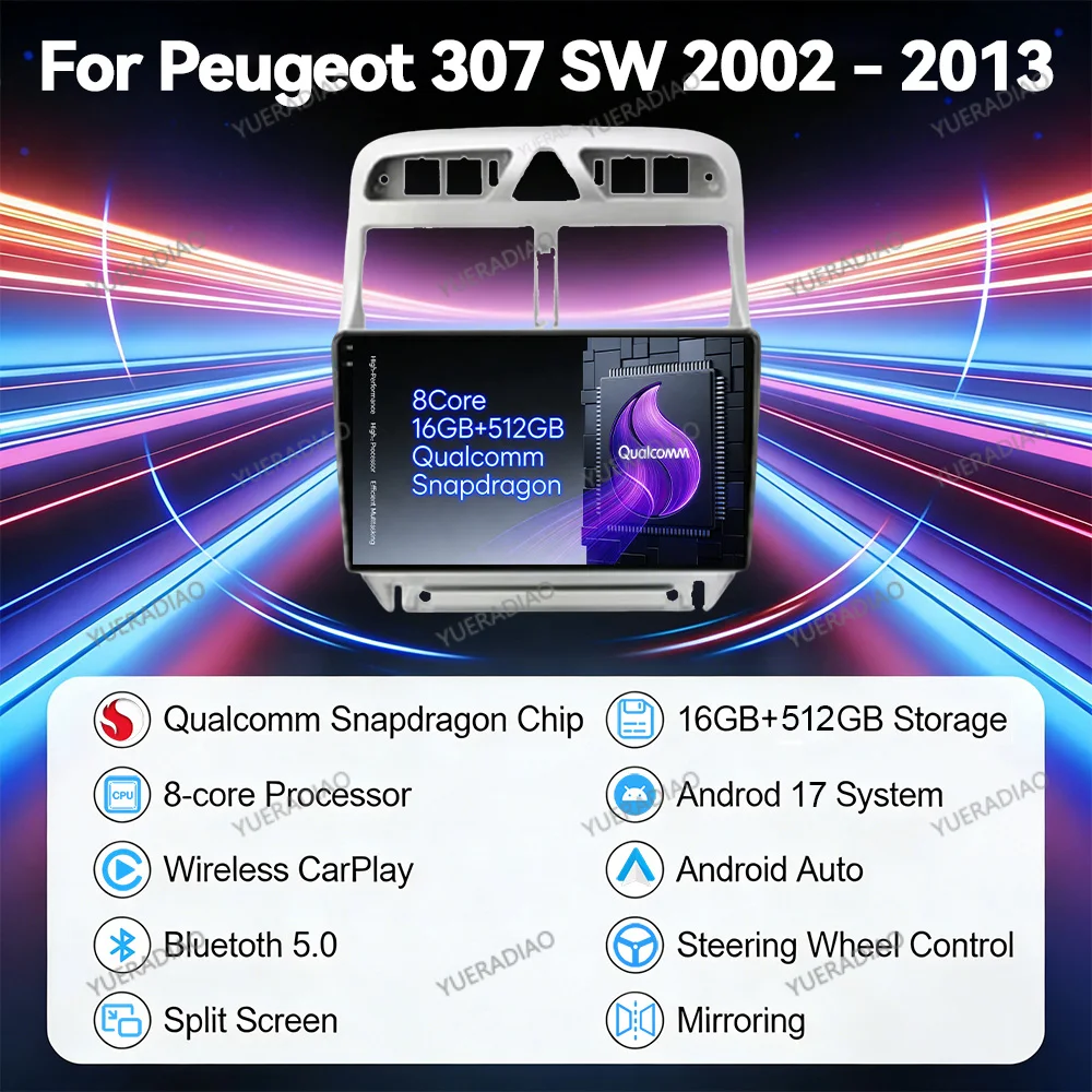 Фото Автомагнитола Android 17 для Peugeot 307 CC SW 2002-2013, мультимедийный видеоплеер, стереосистема, Bluetooth, Qualcomm, 2DIN, GPS-навигация, QLED №1