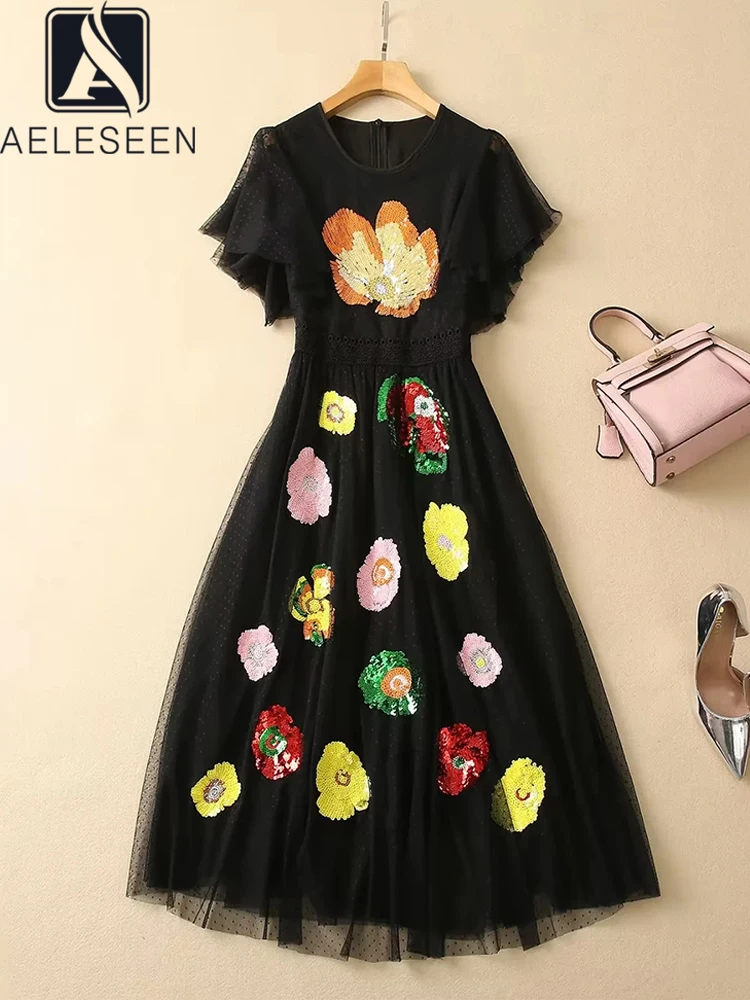 

AELESEEN Runway Fashion Summer Dress Women Flare Sleeve Mesh Sequined Flower Embroidery Black Pink High Quality Midi Party