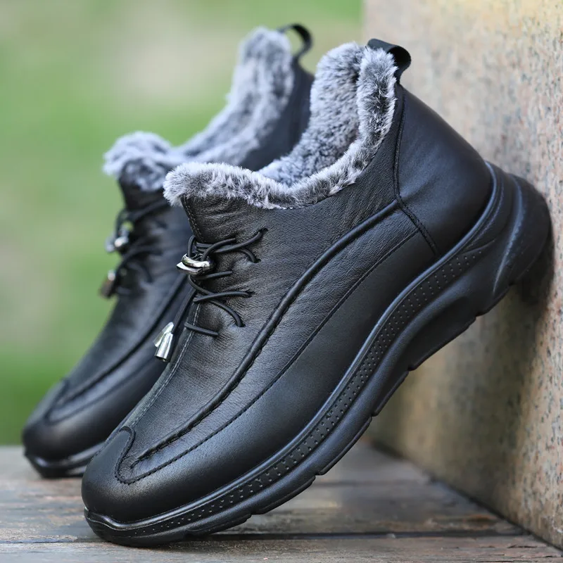 

Зимние мужские кожаные ботинки, мужские Плюшевые Теплые повседневные ботинки, водонепроницаемые мужские ботинки, мужские кроссовки на шну...