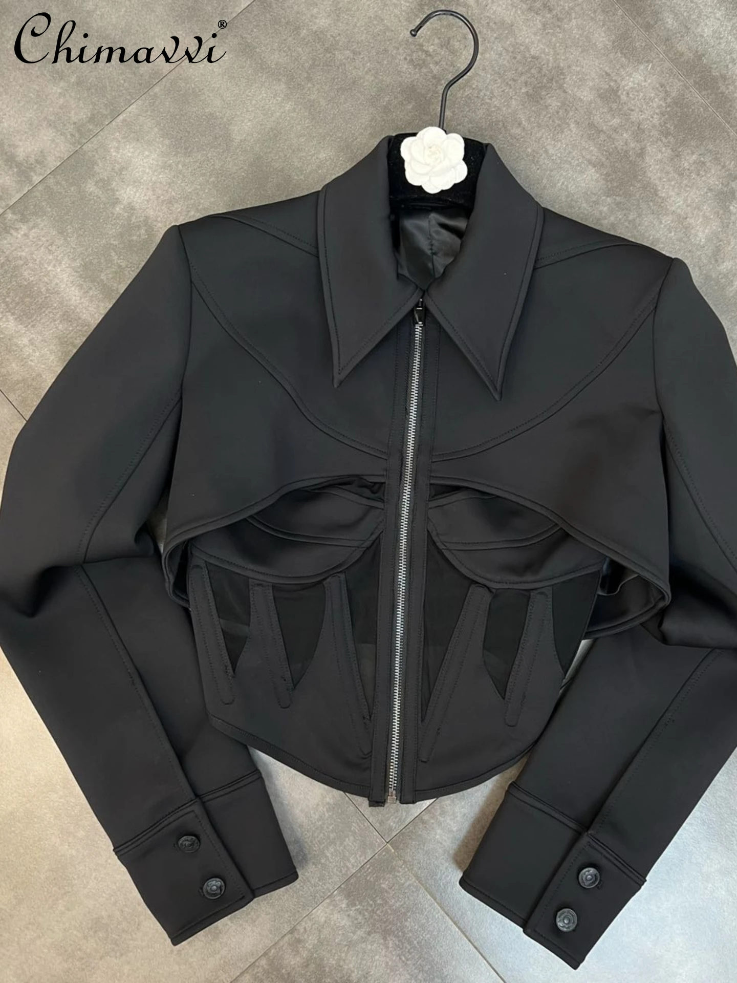 

2022 Early Autumn New Fashion Elegant Lapel Long Sleeve Lower Mesh Jacket Women's Office Lady Slimming Solid Fake Two-Piece Coat