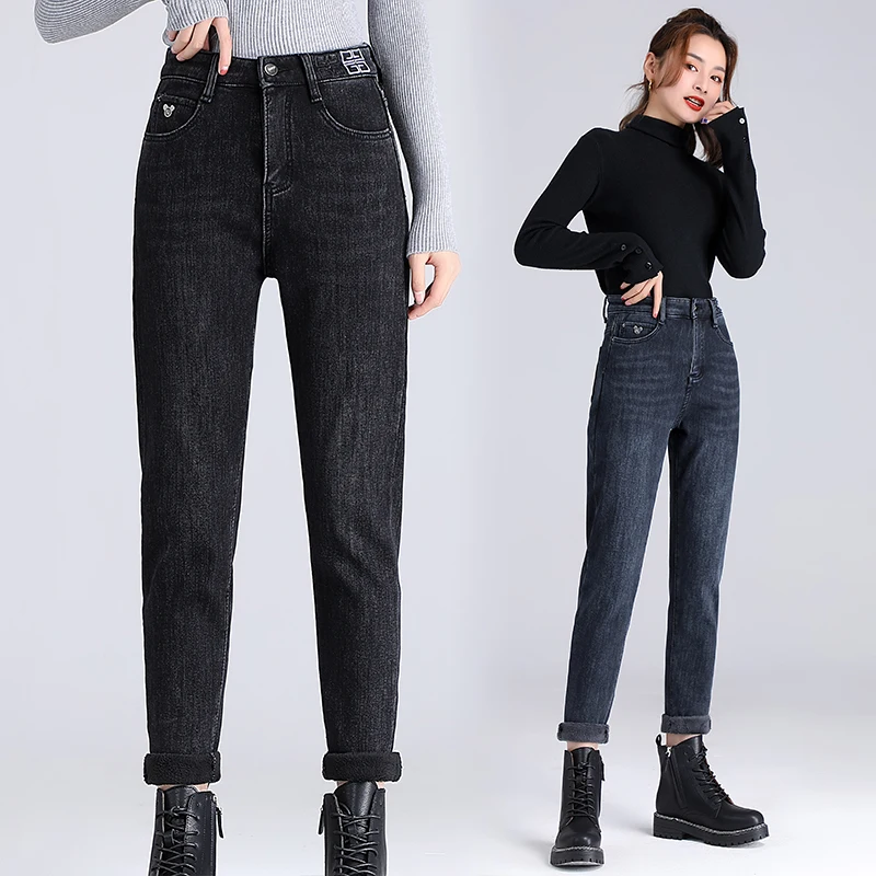 High waist and female new winter big yard stretch velvet thickening jeans harlan warm cultivate one's morality pants panty