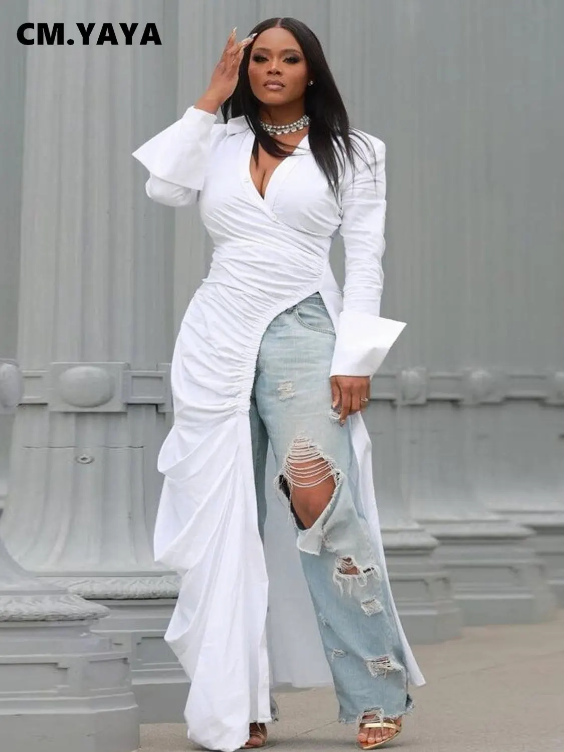 

CM.YAYA Vintage Women Long Sleeve High Side Split Ruched Up Wrap Lapel Collar White Maxi Long Dress Fashion Street Dresses