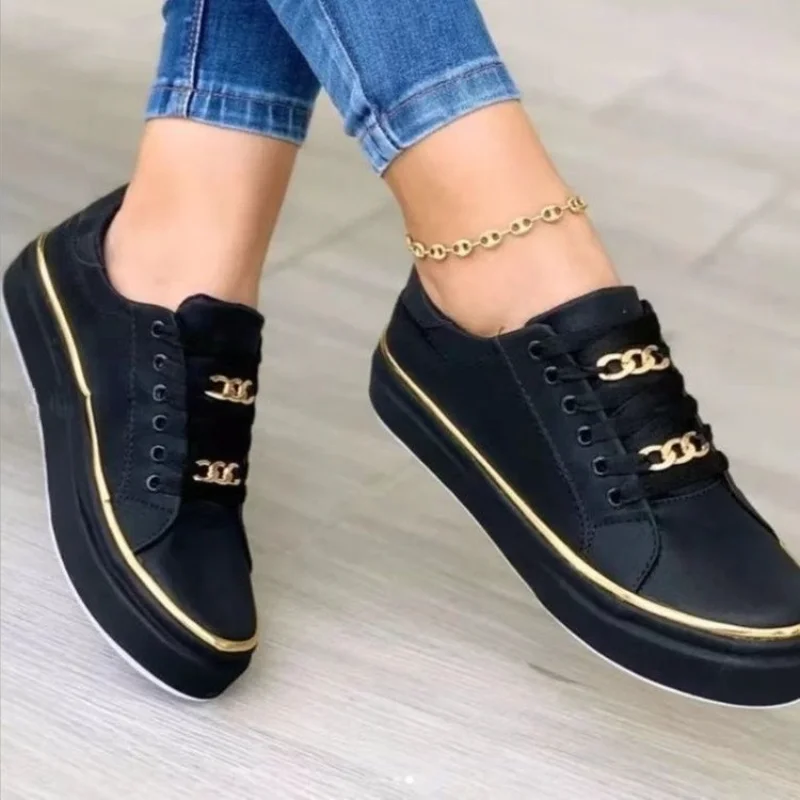 

2023 Women Sneakers Fashion Chain Leather Round Head Platform Sports Shoes Lace-Up Walking Ladies Vulcanize Shoes Zapatos Mujer