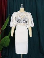elegant white hollow out midi dress for women summer puff short sleeve party office lady formal dresses solid evening robe s 4xl
