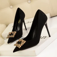 2022 spring elegant women black nude high heels pumps designer flock leather stiletto heels female party wedding shoes