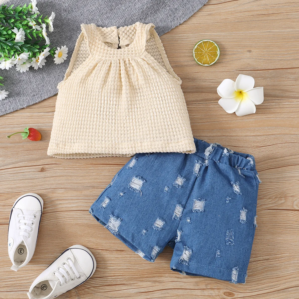 

2Pcs Baby Girl Clothes Set Summer Sleeveless Outfits For 0-2Y Girls Solid Top + Denim Shorts Suit Infant Girls Clothes Milamiya