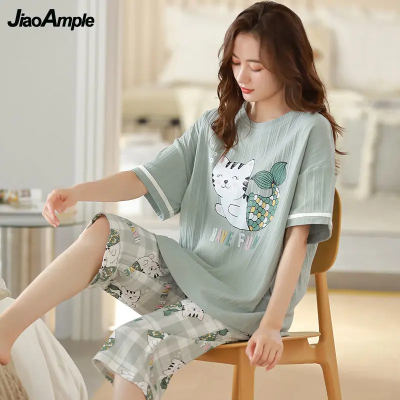 2022 Summer New Cotton Pajamas Women's Casual Short-sleeved Cropped Pijamas Two-piece Korean Cute Loose Sleepwear Nightie Set