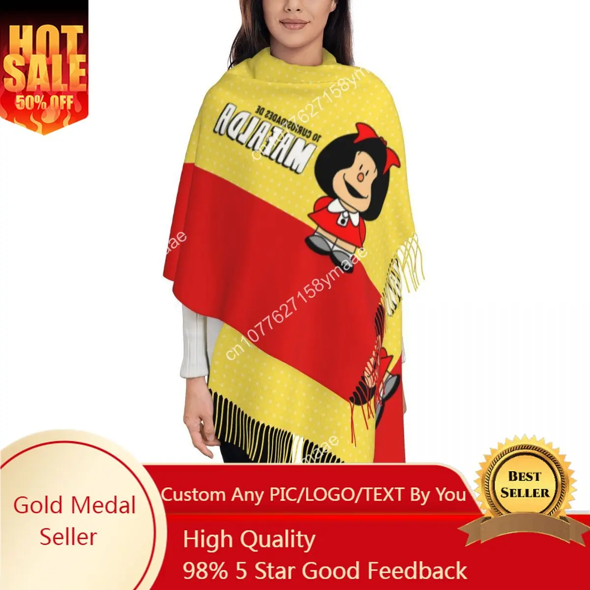 

Custom Mafalda Amine Scarf for Womens Warm Winter Reversible Shawl Wrap Kawaii Cartoon Long Large Shawl Scarf for Evening Dress