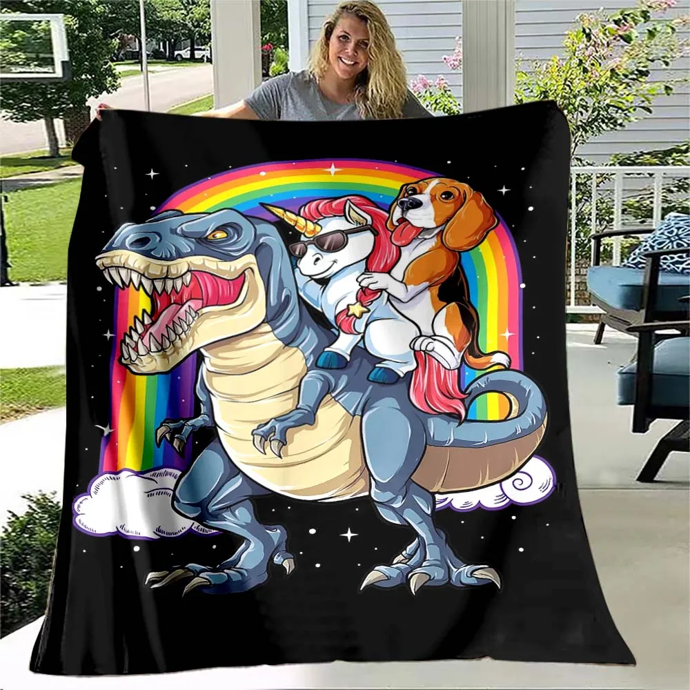 

Husky Unicorn Riding Tyrannosaurus Rainbow Funny Soft Flannel Throw Blanket Living Room Bedroom Cartoon Bedspread