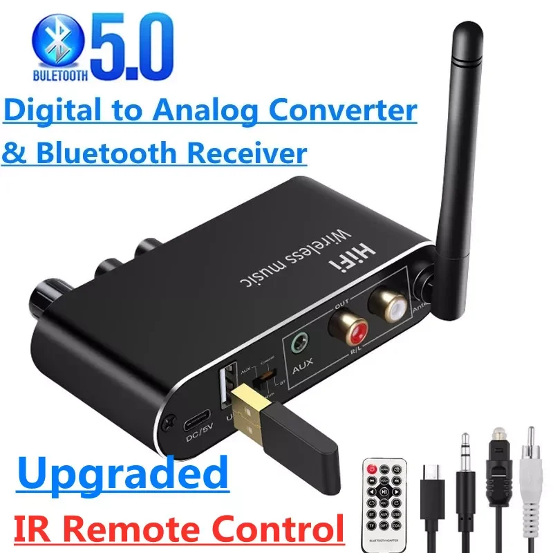 

Digital to Analog Audio DAC Converter Adapter Digital SPDIF Optical Coaxial to 3.5mm 3.5 AUX Jack RCA L/R Bluetooth 5.0 Receiver