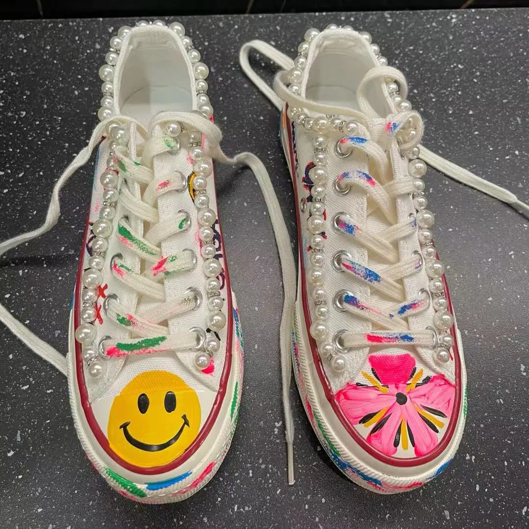 

All-match personality shoes banquet canvas shoes low-top heavy industry beaded hand-painted graffiti party shoes 35-44