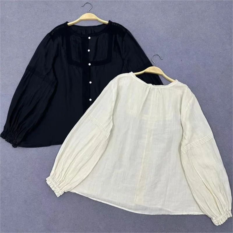 Johnature японские кружевные плиссированные топы Ramie новинка лета 2024 свободная