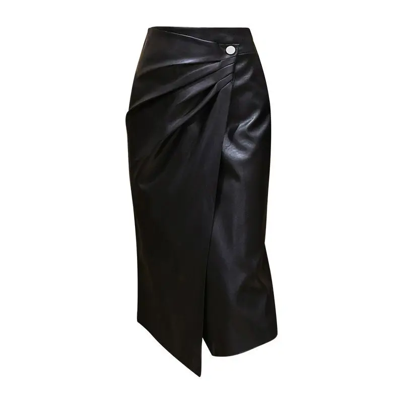 Fashionable black leather skirt skirt, mid length new Korean style, slim hip wrap skirt  women clothing  pleated skirt  Casual