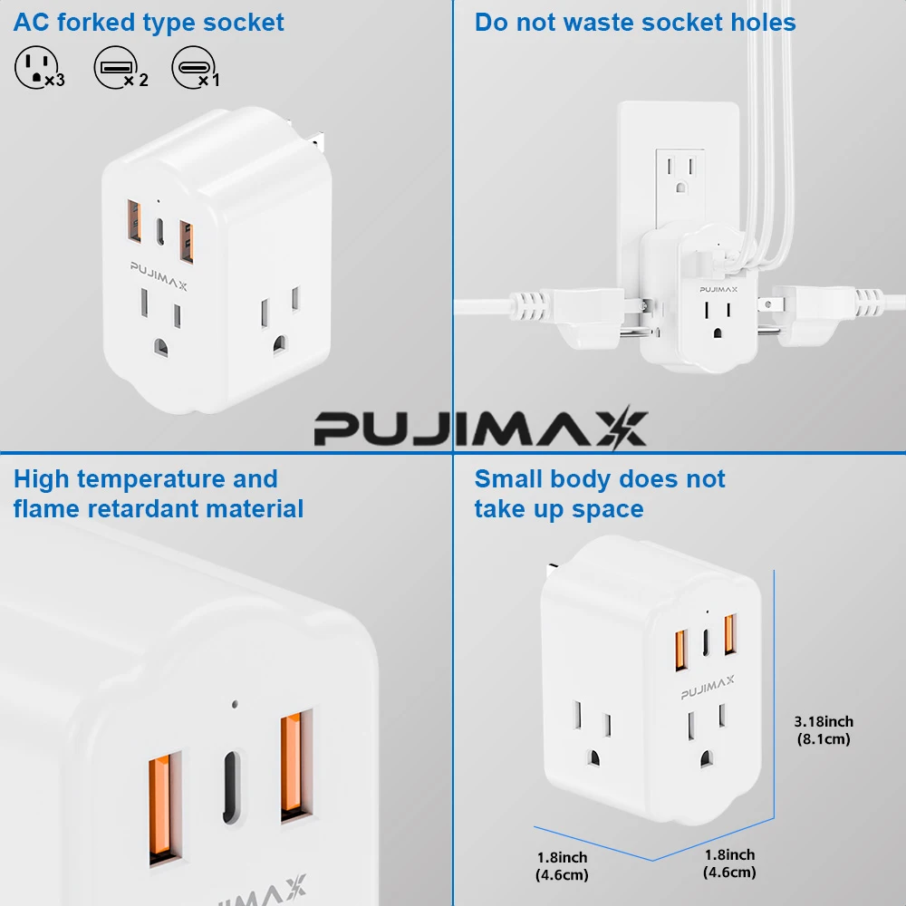 Умный сетевой фильтр-удлинитель PUJIMAX с 3 розетками стандарта США и 3 портами USB для зарядки, многофункциональный интеллектуальный адаптер-розетка (art.: 3920dc643a8be) - 3920dc643a8be