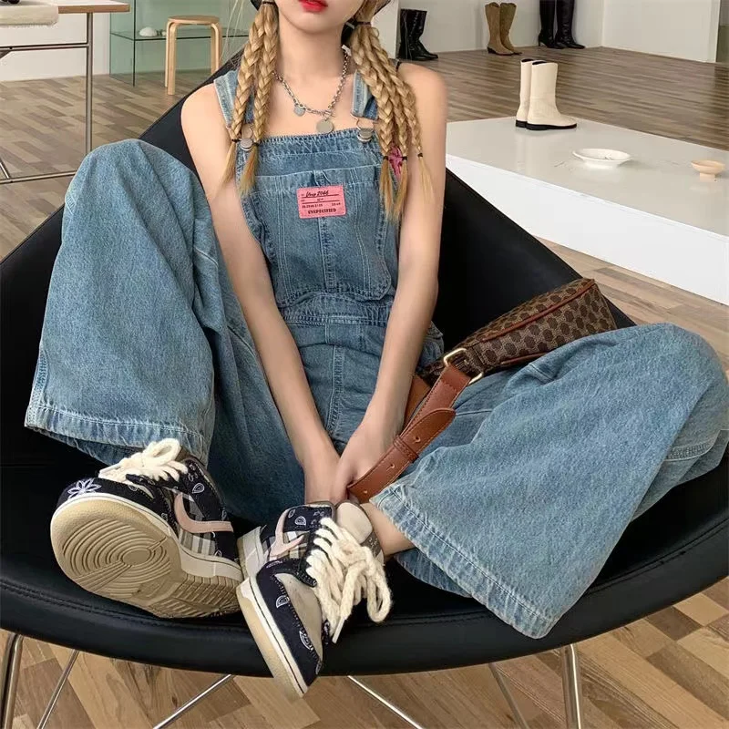 Summer women's Denim suspenders Jeans Blue Straight wide legs 2022 Korean street style loose high waist denim Jumpsuit women