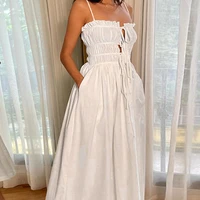 new sling a line dress elegant women tie up hollow long robes fashion solid ruffle edge off shoulder summer long white vintage