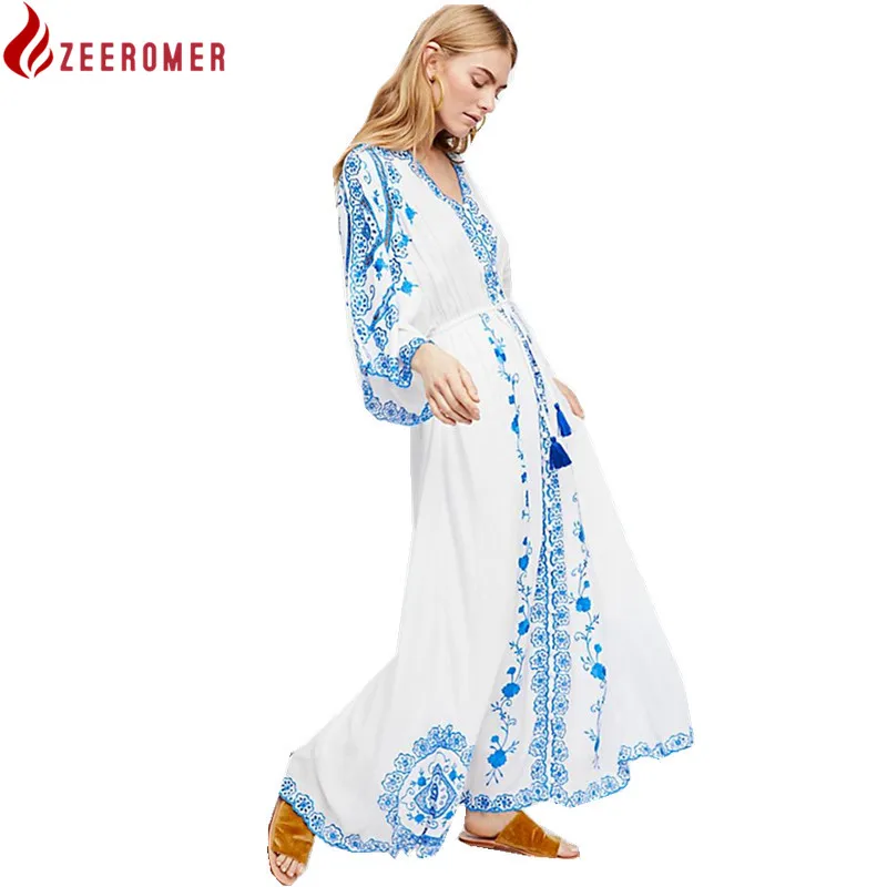 ZEEROMER Runway Blue And White Porcelain Holiday Women Long Dress 2022 Summer Cotton Embroidery Floral Tassel Boho Maxi Dress