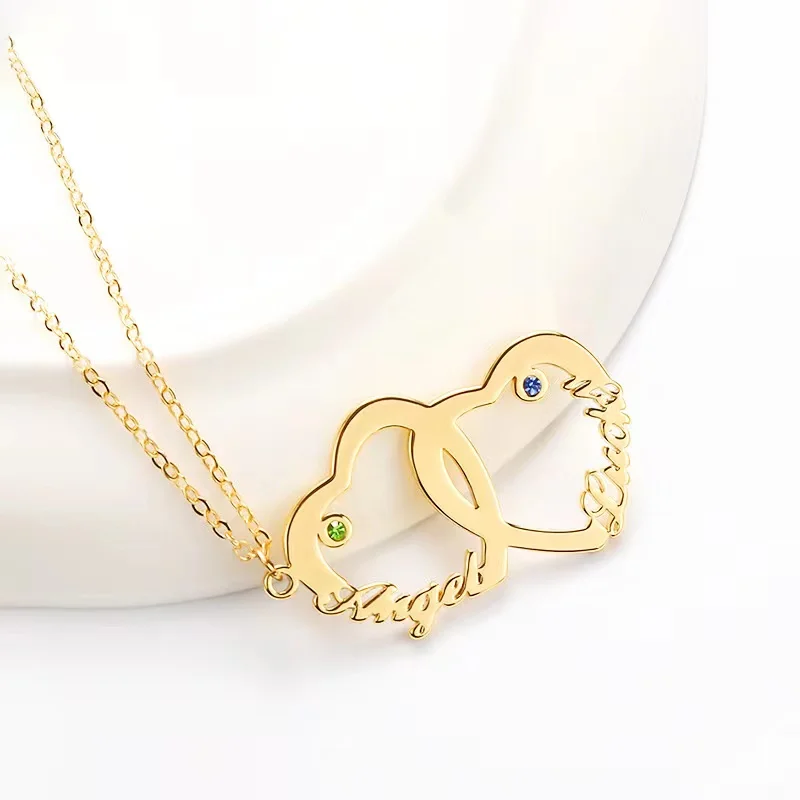 

Personalized Double Hearts Name Necklace Birthstone Pendant Stainless Steel Jewelry Customized Couples Name Choker Mother's Day