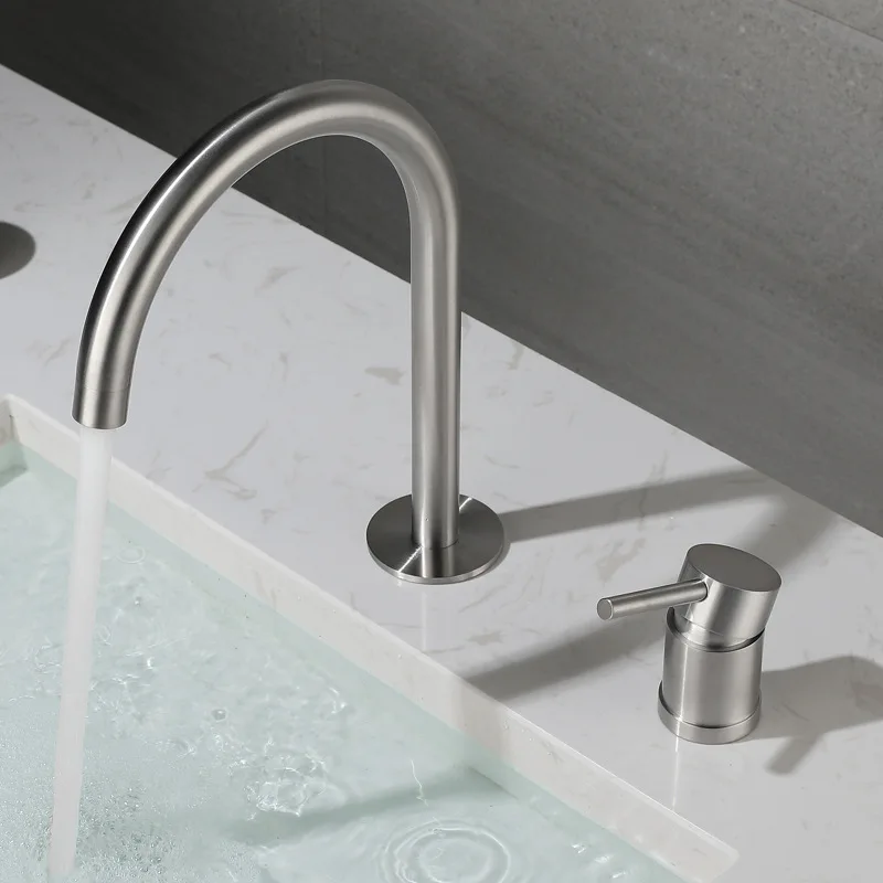 

Bathroom Sink Faucet Tap Hot Cold Wash Basin Water Swivel Spout Deck Mounted Bath Mixer Taps Brushed Bathroom Accessories