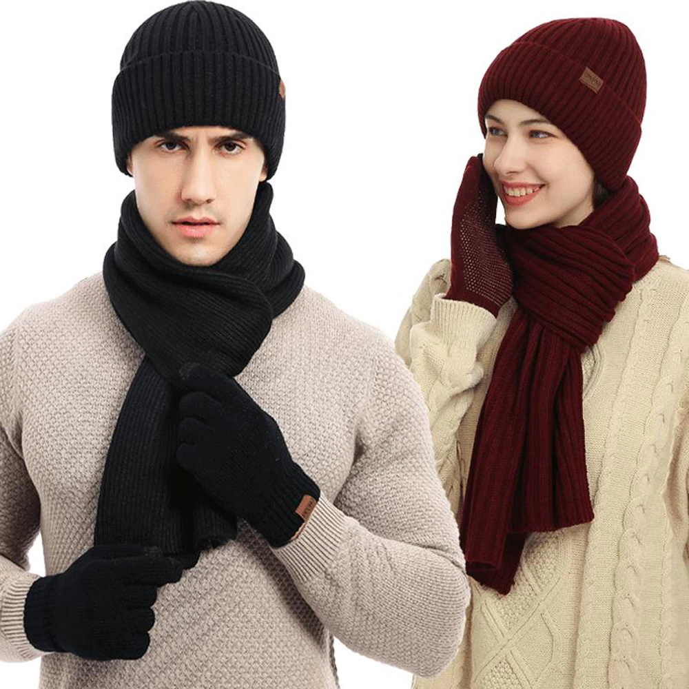 

3pcs Men's Winter Keep Warm Set Fleece Lining Beanie Gloves Thicken Scarf Knit Muffler Unisex Hat Solid Color Neckerchief