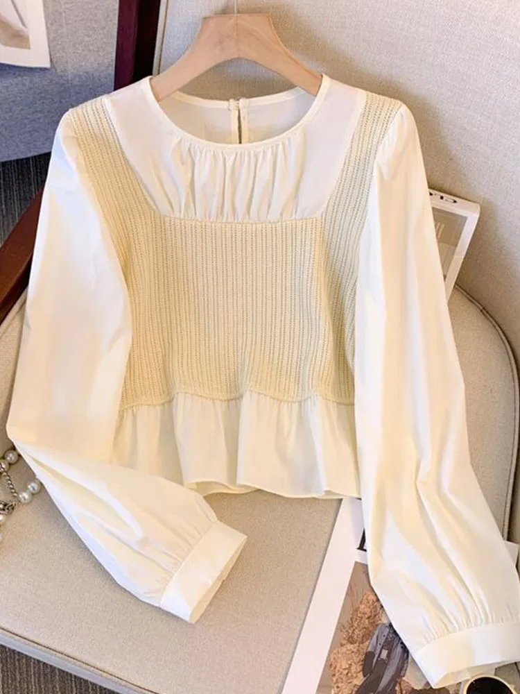 Fake Two Pieces Patchwork Shirt Sleeve Crop Top Women Elegant O-Neck Casual Shirts Autumn Winter Sweet Cute Cozy Chiffon Blouses