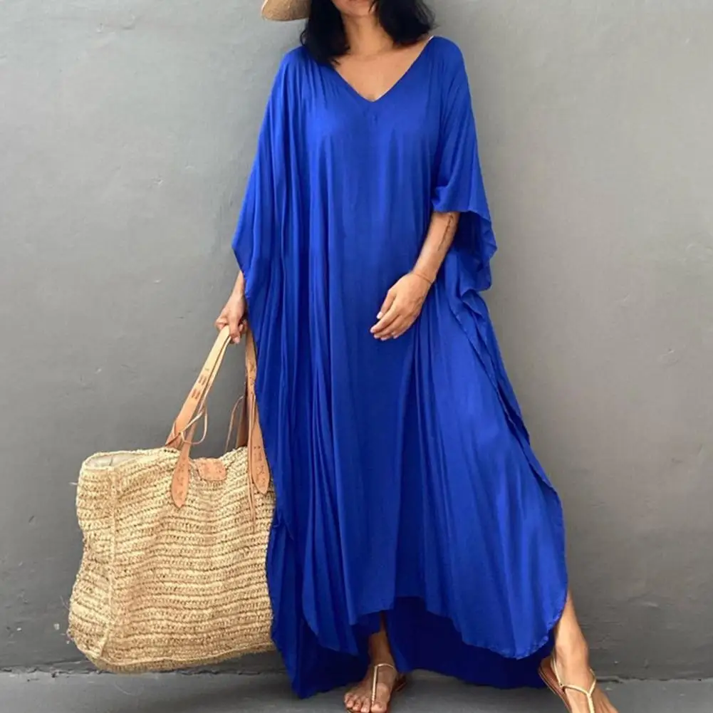 

2022 Solid Blue Plus Size Long Kaftan Casual V-neck Robe Summer Maxi Dress Woman Clothing Beach Wear Swim Suit Cover Up Hot