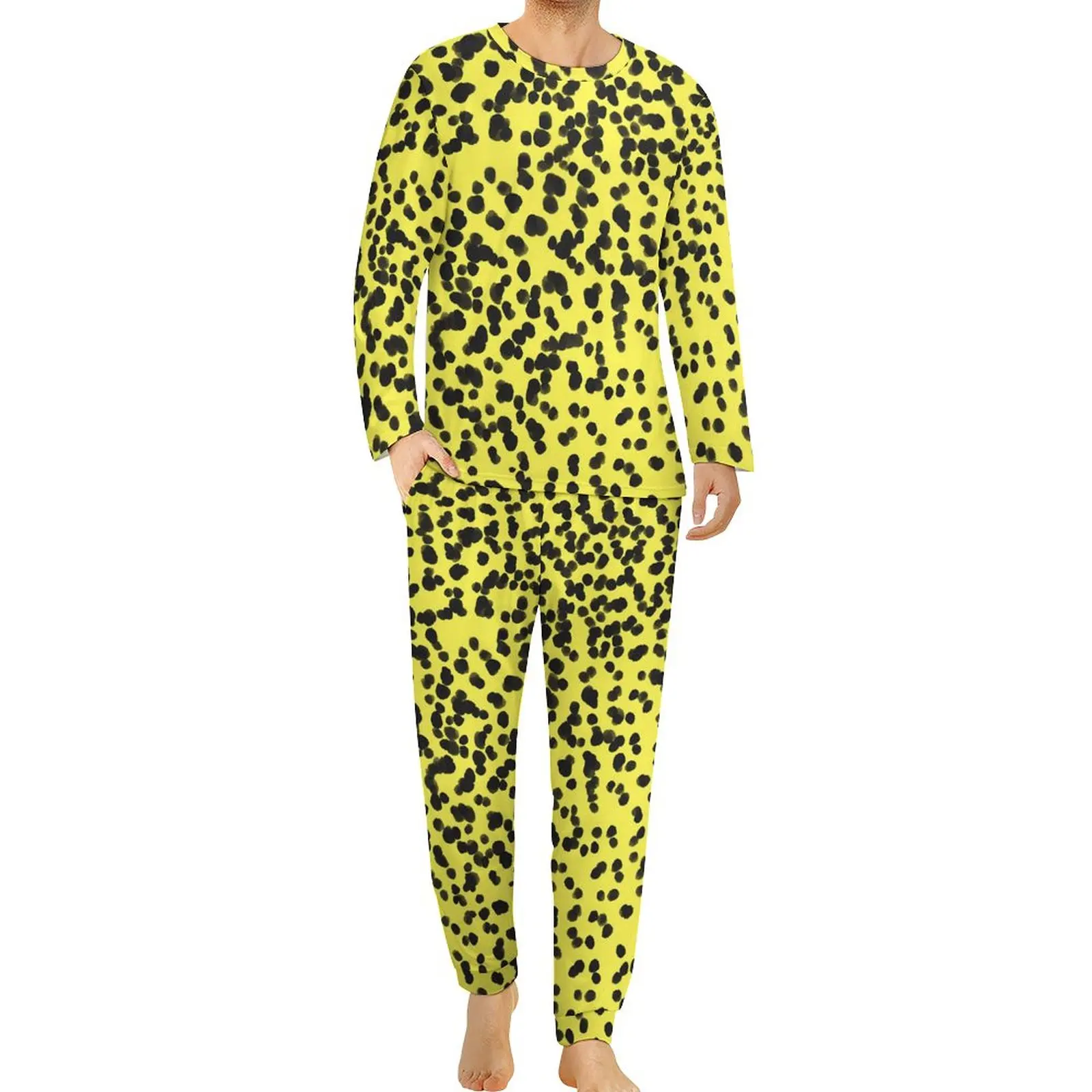 

Далматинская Пижама, Весенняя черная, желтая пижама в горошек, Мужская одежда для сна из 2 предметов, крутые пижамные комплекты большого размера с длинным рукавом и рисунком