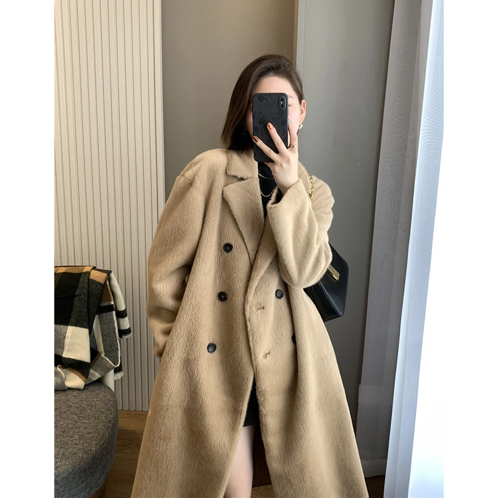 PB&ZA Women's Winter Coat Faux Fur Double-breasted Long Female Clothing Fluffy Overcoat Elegant Solid Casual Oversize Outerwear