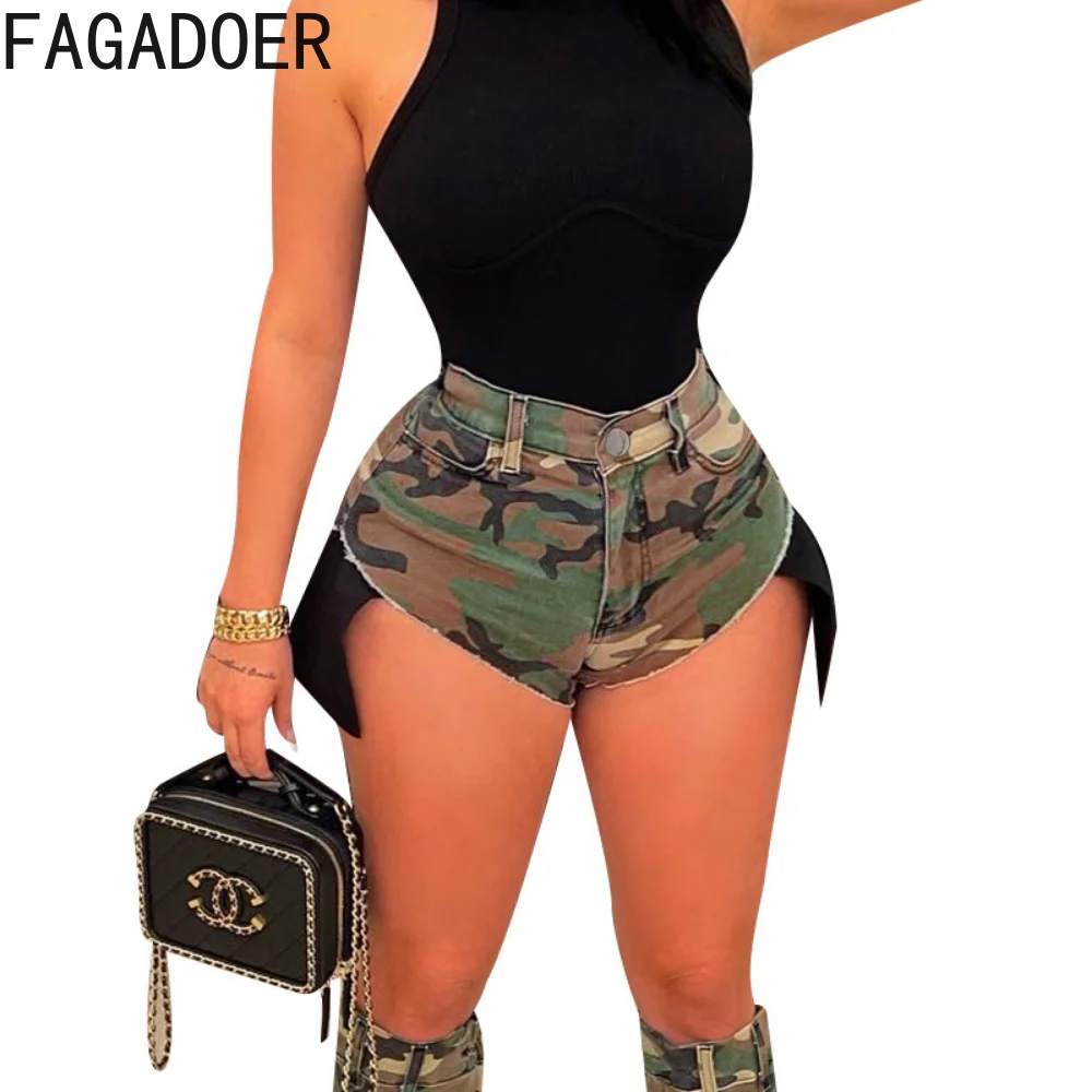 FAGADOER Summer Camouflage Print Sexy Shorts Outfits For Women 2023 High Waist Y2K Patchwork Slit Shorts Party Club Shorts