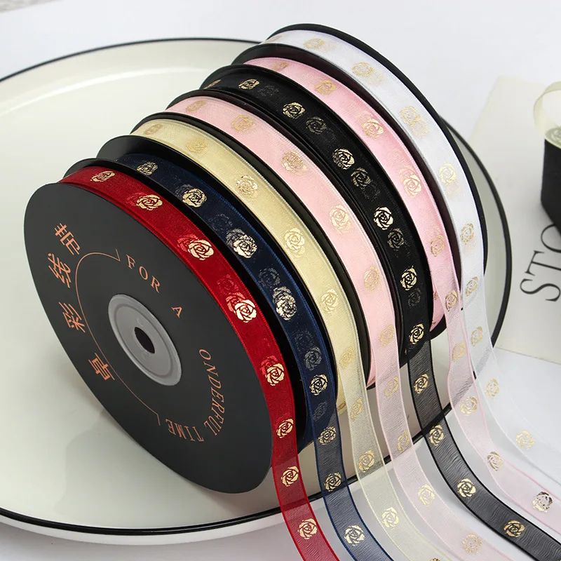 

BN20 Luxury 1cm/50yard Hot Gold Rose Pattern Gift Gift Wrap Yarn Tape Decorative Tape Floral Ribbon Baked Ribbon